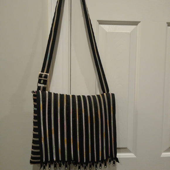 Messenger Multi Zippered Crossbody Fold Over Purse Black Rainbow Adjustable Bag - Picture 3 of 14